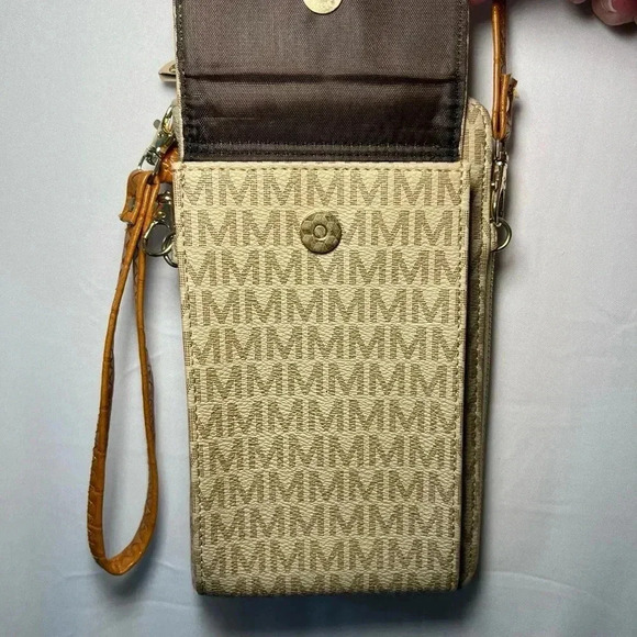 MKF Collection Phone Wallet Crossbody Bag Tan “M” Logo Faux Leather EUC - Picture 9 of 16